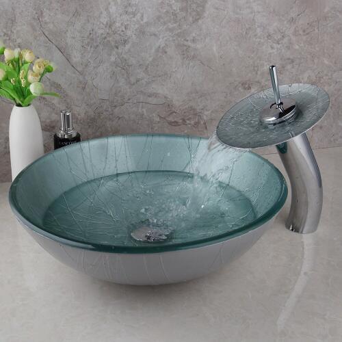 New Waterfall Deck Mount Single Handle Washbasin Lavatory Tempered Glass Basin Sink 350-1 Combine Vessel Vanity Tap Mixer Faucet