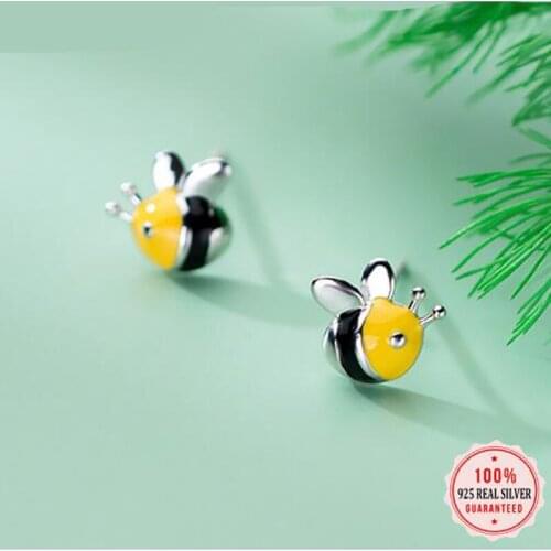 Real 925 Sterling Silver Fashion Cute Insect Bees Stud Earrings For Women Wedding Party S925 Earring Jewelry DA1302