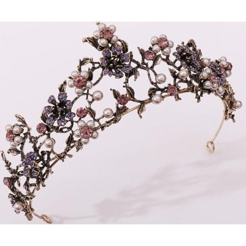 Luxury Purple And Black Crystal Wedding Diadem Flower Baroque Crown Bridal Hair Jewelry For Women Bride Tiara