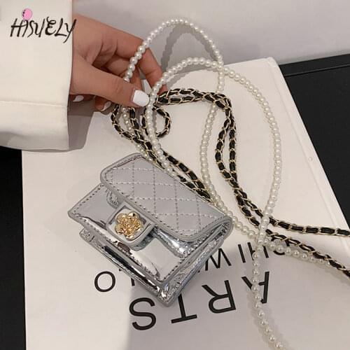 2021 Luxury Mini Leather Bag Women Hanging Neck Camellia Bags Rhombus Earphone/Lipstick/Keys bag Pearls Chain Chest Waist Pack