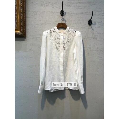 Woman White BLack Linen Top high-neck full sleeve Ruffled Hollow Out Fashion Blouse