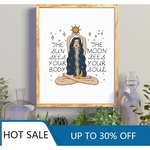 Nordic Style Feminine Wall Art Canvas Painting Posters Prints Female Celestial Sun Moon Body Soul Wall Decor for Home Decoration