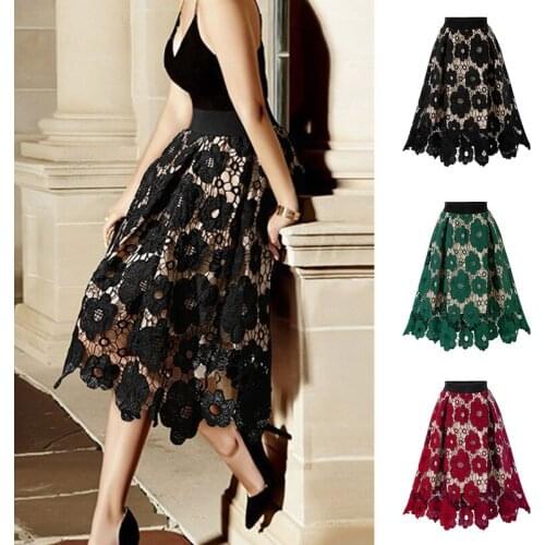 Women Elegant Hollow Out Lace Skirts Flower Embroidery Party Black Skirt Female Casual Skirt Faldas Mujer Moda Plus Size