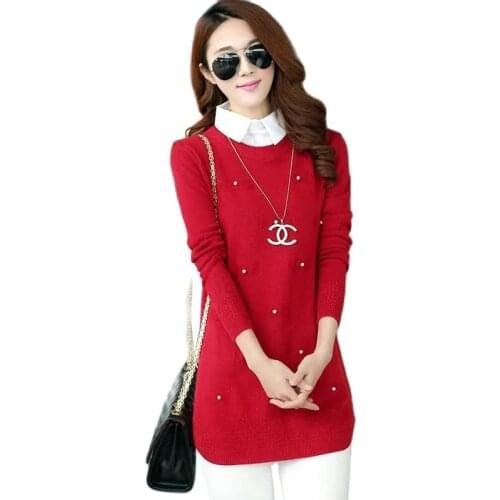 2021Autumn Mid-length Fake Two-Pieces Knitted Sweater Women Korean Fashion Office Lady lapel Long Sleeve Pullover Sweaters Tops