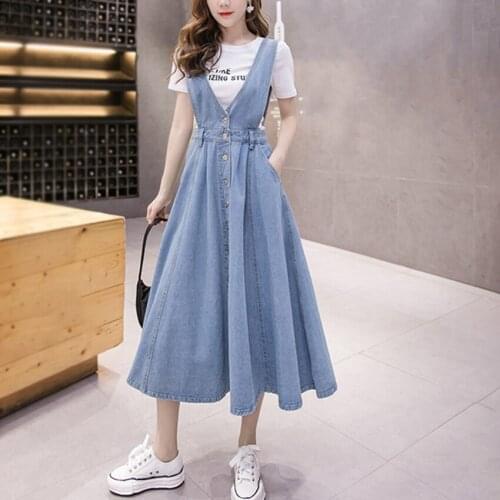 2021 Denim Suspenders Dresses Spring Summer Korean Fashion Button Slim Vintage Jeans Dress Women Long Vestidos
