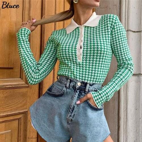 Vintage Houndstooth Button Knitted Slim Pullover Y2K POLO Neck Sweater Shirt Top Autumn Winter Clothes Fashion Jumper Women 2021