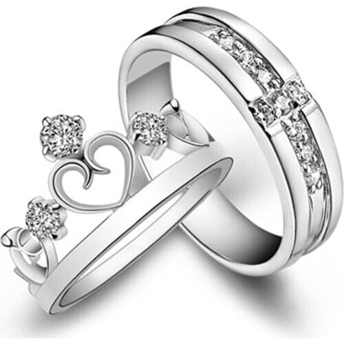 1 Pair Silver Plated Ring Jewelry Engagement Love Crown Cross Zircon Wedding Lovers Couple Rings for Women Men