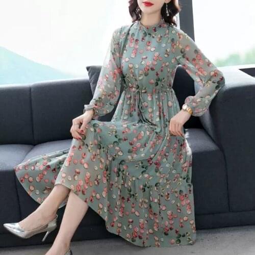 2021 New Summer Women Elegant Vintage OL Lapel Dresses Fashion Office Lady Robe Female Polka Dot Chiffon Midi Vestidos B120