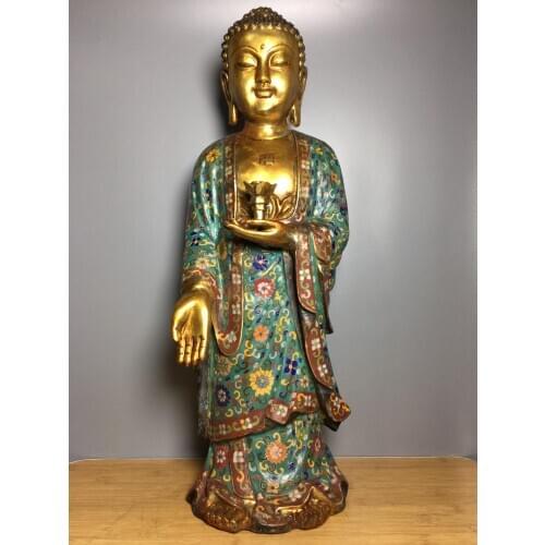 24"Tibet Buddhism Temple Old Bronze Cloisonne Sakyamuni Standing Buddha Ancestor of ten thousand buddhas Enshrine the Buddha