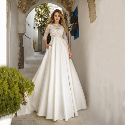 White Wedding Dresses Robe De Mariee Scoop Neck With Sleeves Lace Applique A-line Wedding Gown for Bride