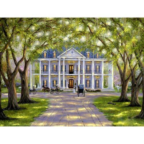 Free shipping Mediterranean fluorescent tree villa seceny architecture oil painting canvas prints on canvas decoration picture
