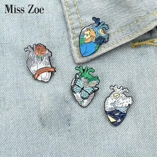 Heart Shape Enamel Pins Custom Van Gogh Space Ocean Whale Rose Girl Power Brooch Lapel Pin Shirt Bag Badge Jewelry Gift Friends