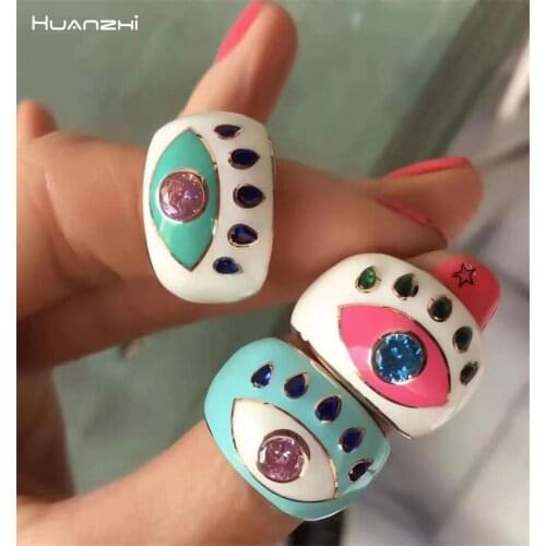 HUANZHI 2021 New Colorful Dripping Oil Rhinestone Crystal Rings Devil Eye Opening Adjustable Ring for Women Girls Party Jewelry