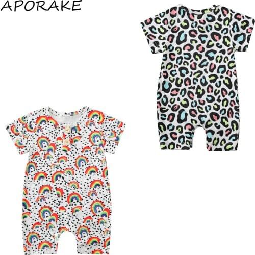2021 0-24M Newborn Baby Girl Short Sleeve Romper with Leopard Print/rainbow Print Classic Round Neck Loose Fit Summer Clothing