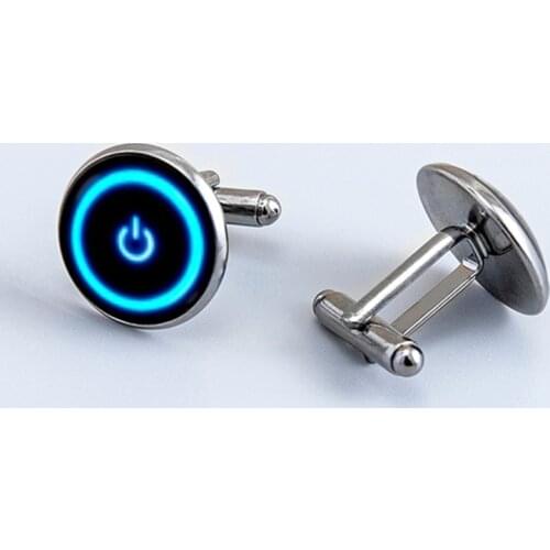 Konminry Power Button Computer Cufflinks Power symbol Blue button Switch Tech Gamer Glass Dome Cufflinks For Men Gift