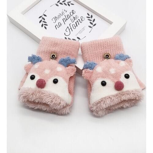 Cute Cartoon Baby Gloves Winter Knitted Wool Infants Half-finger Mittens Thicke Warm Full Rope Gloves For Boys Girls Toddlers