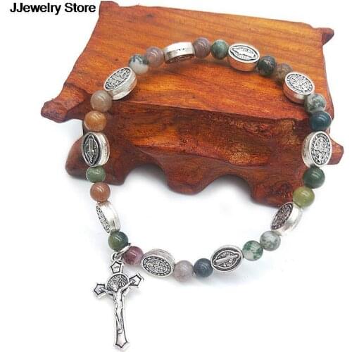 Vintage Catholicism Handmade Colorful Natural Stone Agate Women Religious Gift Rosary Beaded Cross Bracelets Jewelry Accessories