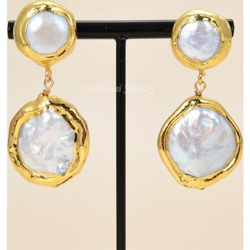 Jewelry Yellow Gold Plated natural white coin freshwater pearls Earrings