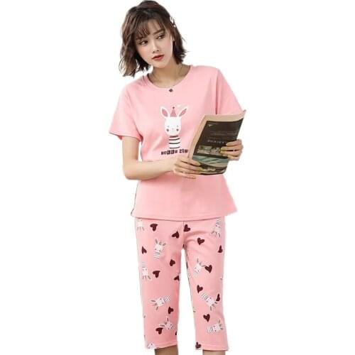Women sleepwear summer cotton pajamas women short-sleeved cropped trousers cute sweet simple home clothing