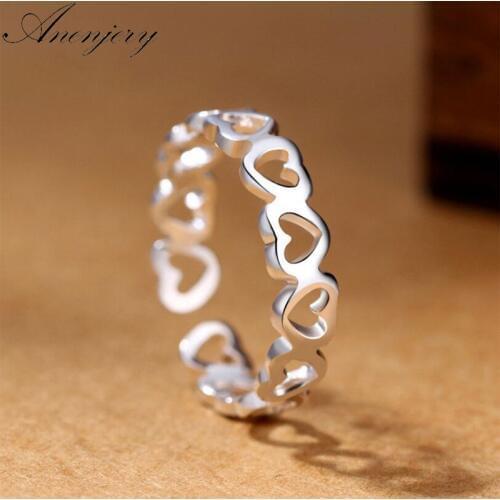 ANENJERY 925 Sterling Silver Minimalist Glossy Hollow Love Heart Rings For Women Wedding Rings anillos mujer S-R262