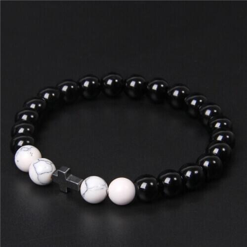 Fashion Black Onyx Beads Bracelet Women 8mm Turquoises Religion Cross Charm Beaded Bracelet for Women Men Buddha Jewelry Gifts