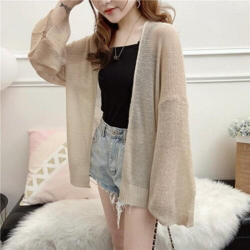 Womens Sweater Cardigan Solid Color Open Front Knitted Thin Sweater Long Sleeve Ladies Casual Loose Sweater Kimono
