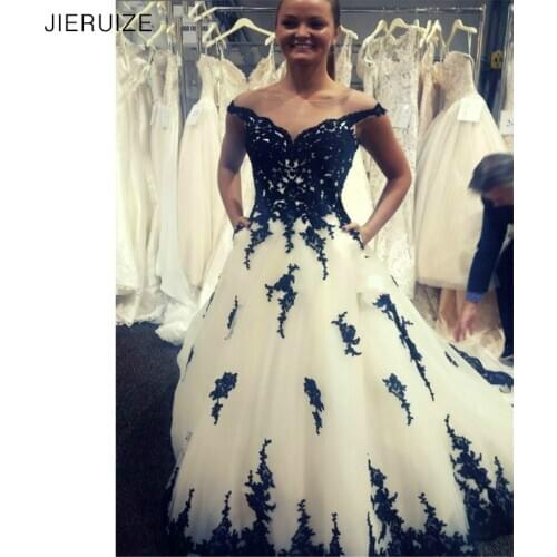 JIERUIZE White and black lace applqiues Wedding Dresses off the shoulder Lace Up Back Wedding Gowns estido De Novia