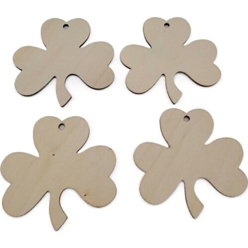 10pcs 8cm Wooden Clover Ornaments St. Patricks Day DIY Wood Arts and Crafts Shamrock Wooden Hanging Adornments Party Favors