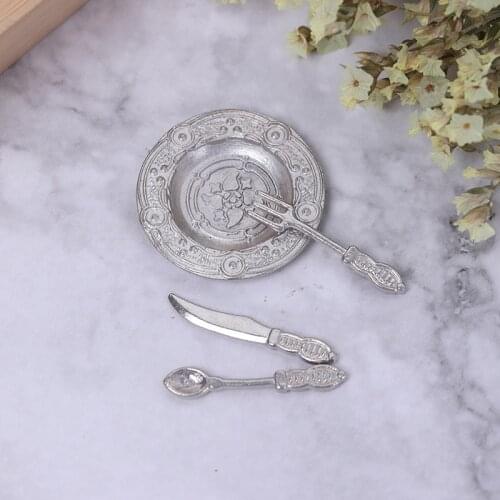 4Pcs/set Plates and Knife Fork Spoon Set 1:12 Dollhouse Miniature Kitchen Accessories