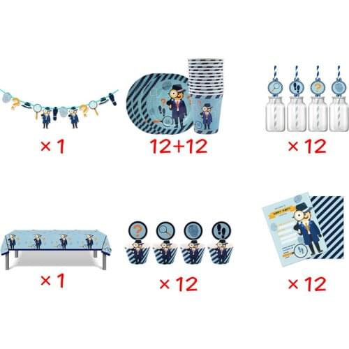 74pcs For 12 Kids Detective Secret Agent Spy Birthday Party Supplies Tableware Set Plate Straw Glass Invitation Cupcake Etc