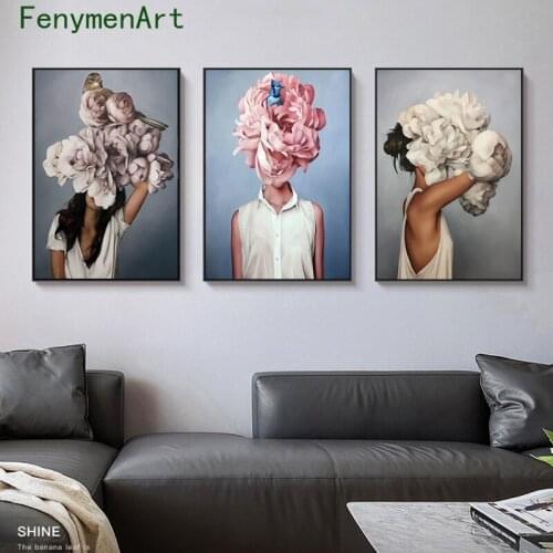 Flowers Feathers Woman Abstract Canvas Painting Sexy Girls Wall Art Modern Print Poster Picture for Living Room Home Decor
