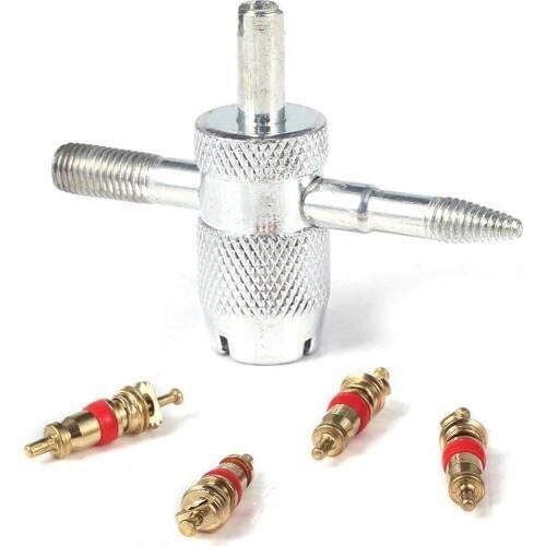 Car Bike 4 Way Tyre Valve Repair Standard Tire Remover Tool + 4 Stem Cores Kit