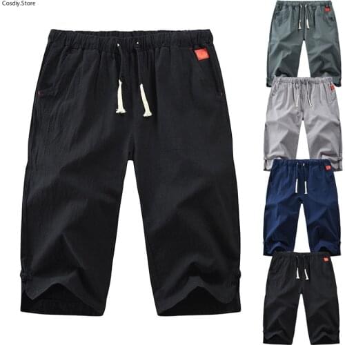 Waist Linen Capri Wide Leg Baggy Drawstring Pocket Trouser Loose for Holiday Harem Beach Cotton Linen Pants Mens Casual Elastic