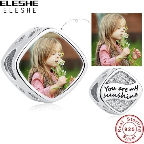 ELESHE Your are my sunshine 925 Sterling Silver Square Bead with CZ Custom Photo DIY Charm Fit Original Bracelet Fine Jewelry