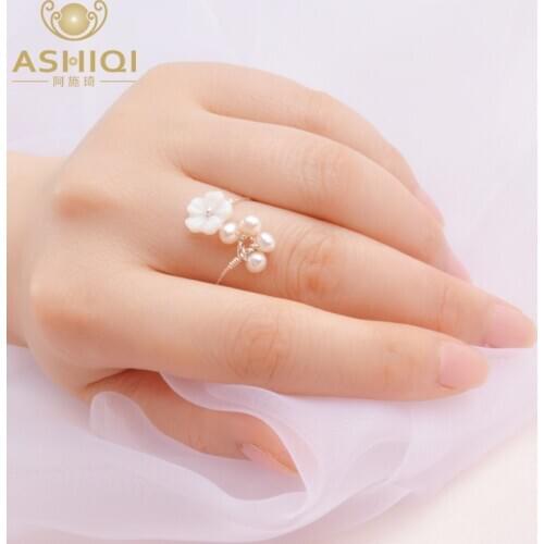 ASHIQI Natural Freshwater Pearl 925 Sterling Silver Ring Fashion Natural shell Flowers Handmade jewelry for women