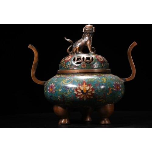 11"Chinese temple collection Old Bronze Cloisonne Enamel Lion statue Binaural Three-legged incense burner Ornaments Town House