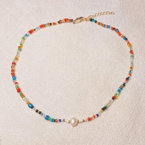 Bohemian Colorful Rice Bead Short Necklace Handmade Fashion All-match Neck Accessories Natural Pearl Embellishment Rainbow Colla