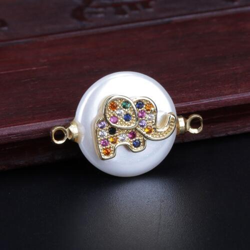 Cute tiny gold colorful cz paved elephant animal charm round coin pearl bead connector for female women jewelry gift