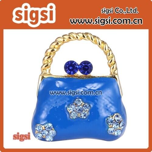 Fashion gold metal pin Rhinestone Brooch blue enamel Handbag design lapel pin brooches Jewelry gift