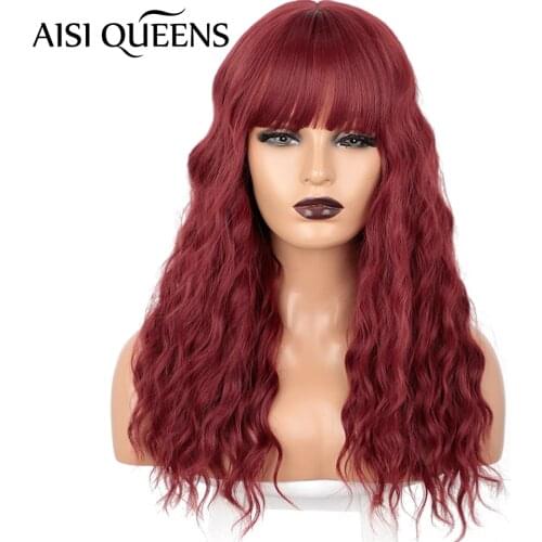 AISI QUEENS Long Wavy Synthetic Wigs with Bangs for Women Red Blue Dark Brown Daily Hair High Temperature Fiber Wigs