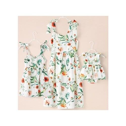 Parent-child Knee Length Dress Halter White Background Printed Flowers Dress Child Skirt