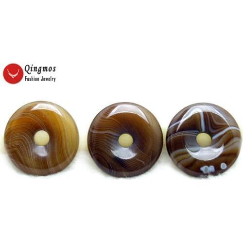 Qingmos One 30mm Natural Agates Pendant for Women with Donuts Shape Genuine Brown Striped Agates Pendant Fine Jewelry Para P101