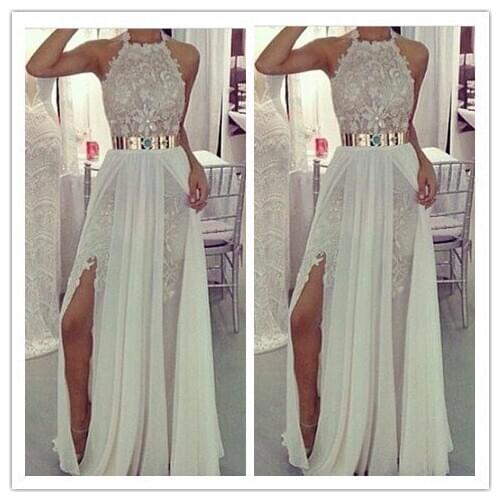 Sexy Bohemian Beach Lace Chiffon 2018 with Gold Belt Halter Short White Bridal prom gown Vestido De Novia bridesmaid dresses