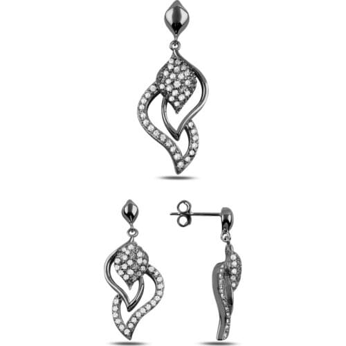 Silverlina Silver Zircon Stone Black Rodajlı Dangle Set