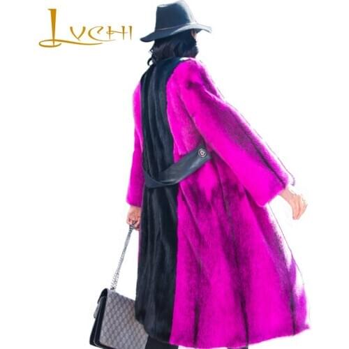LVCHI Winter 2019 Import Swan O-Neck Collar Real Mink Fur Coat Womens Full Quarter Long Purple Contrast Color Thick Mink Coats
