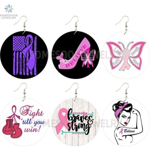 SOMESOOR Breast Cancer Symbol Print Strength Wooden Drop Earrings Believe Strong Faith Hope Pink October Dangle For Women Gift