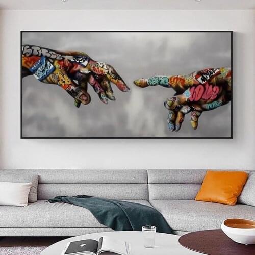 Creation Of Adam Graffiti Art Canvas Posters And Prints Hand to Hand street Art Canvas Paintings on the Wall Art Pictures Cuadro