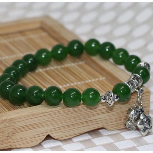 Taiwan natural stone green chalcedony jades 8mm round beads beaded bracelet women silver-color charms jewelry 7.5inch B2030
