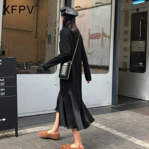 XFPV 2021 Autumn Winter New Fashion Black Knitted Dress Womens Long Style Over The Knee Fishtail Solid Long Sleeve SM448
