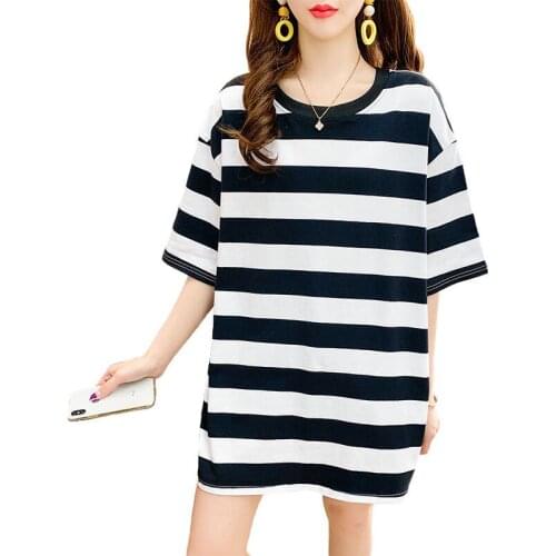 Spring Summer T Shirt Women Plus Size Casual Striped O-Neck Long Women Shirts Korean Clothes Graphic Tees Women White Shirt